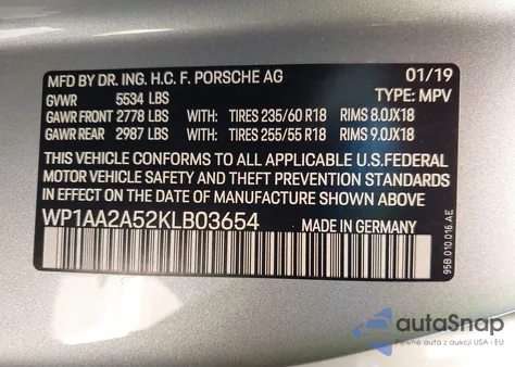 2019 Porsche Macan from USA, damaged, VIN WP1AA2A52KLB03654